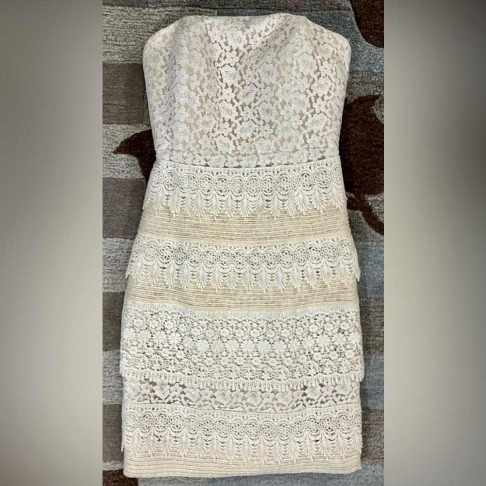 Sonia Peña Spanish Designer Strapless Guipure Lace Tiered Sheath Dress ZB8